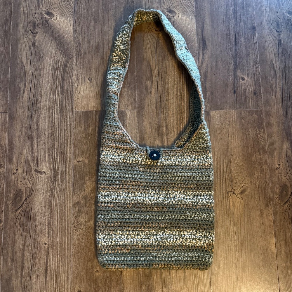 Handmade Crochet Shoulder Bag Green Tan Striped Boho Hobo Button Cottagecore